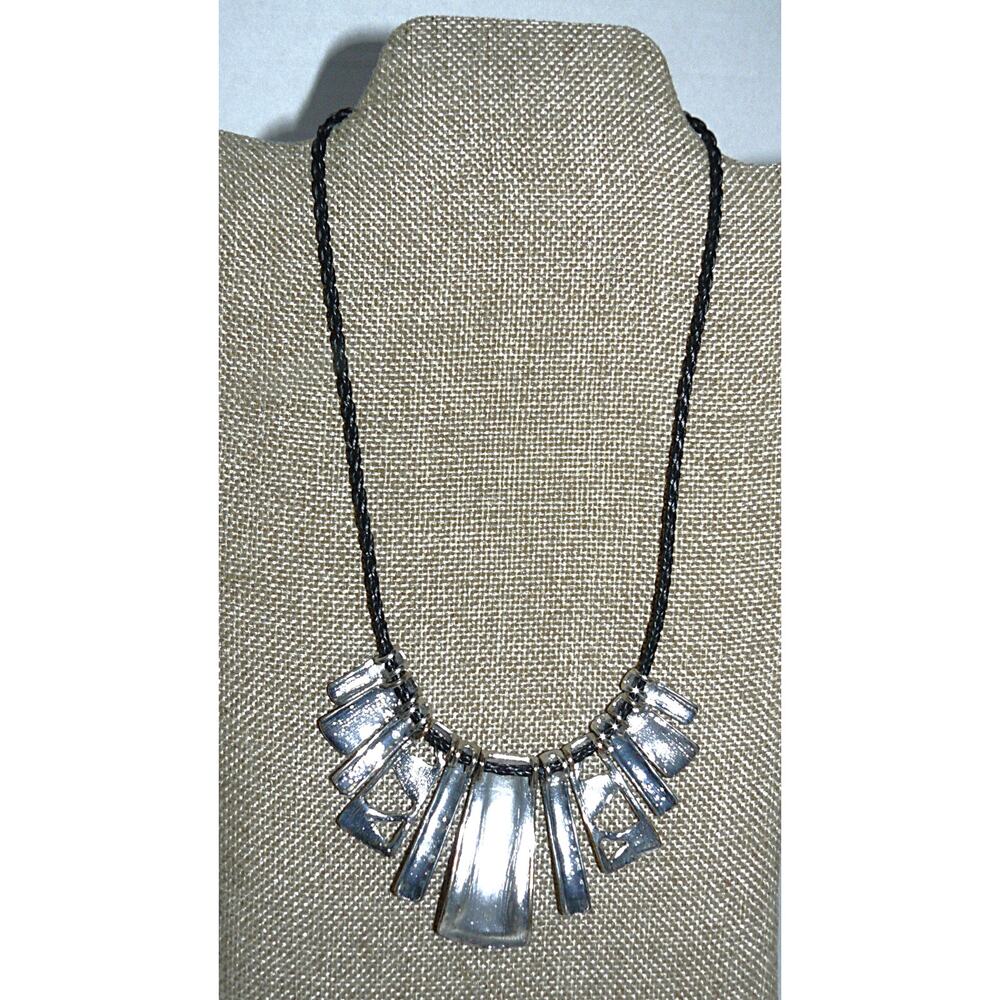Boho Silver-Tone Statement Necklace Black Cord Geometric Etched Pendants 18-21"